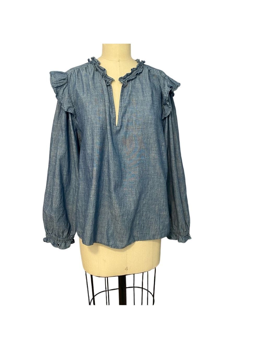 J.Crew Relaxed Fit Ruffle Neck Blouse 2X Soft Textured V-Neck